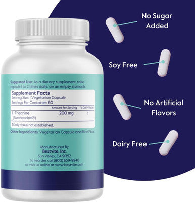 Bestvite L-Theanine 200mg with Patented and Clinically Studied Suntheanine (60 Vegetarian Capsules) - No Stearates - Vegan - Non GMO - Gluten