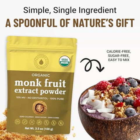 Organic Monk Fruit Extract Powder, 3.5 oz, Pure USDA Organic Monk Fruit Extract Sweetener with No Fillers, Zero Calories, Zero Carbs, Keto & Paleo Friendly Sugar Substitute, 322 Servings by Natri Sweet