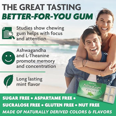 Ashwagum Focus Gum By Bettergum, High Potency Brain Supplement With Ksm 66 Ashwagandha And L Theanine, Supports Concentration And Memory, Alternative To Gummies, Sugar-Free, Pack Of 2
