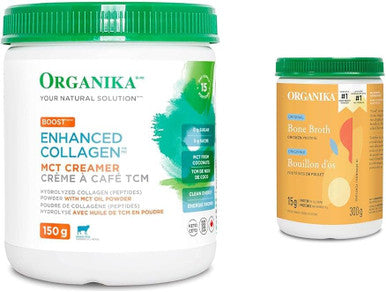 Organika Enhanced Collagen Boost With Mct Oil Powder And Vanilla - 150G & Chicken Bone Broth Powder- Range And Vegetarian Fed Chickens- Keto Friendly, High Protein And Mineral Content- 300G