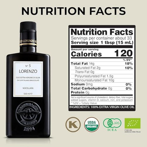 Barbera Lorenzo No. 5 Extra Virgin Olive Oil, 16.9 oz | Cold Extracted Sicilian EVOO | Fruity & Soft Nocellara del Belice Olive Flavor | Fresh Harvest Imported Olive Oil from Italy