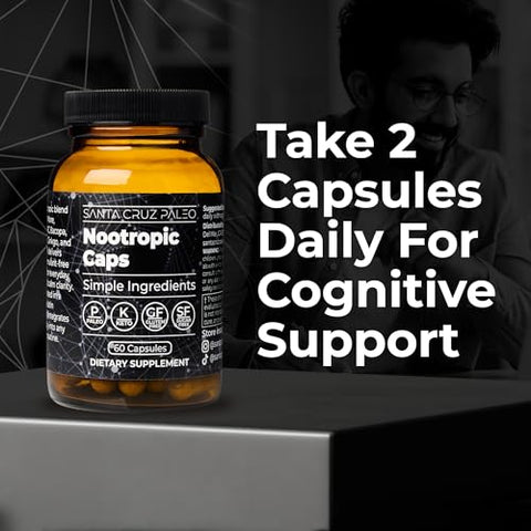 Santa Cruz Paleo Nootropic Capsules Lions Mane Alpha Gpc Panax Ginseng & Ginkgo Biloba For Focus Memory Mental Clarity & Energy Keto Paleo Gluten Free Brain Supplement 60 Caps