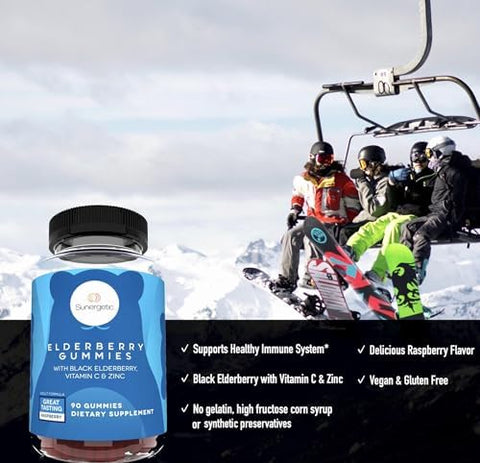 Sunergetic Premium Black Elderberry Gummies " Black Elderberry With Vitamin C & Zinc " Helps Support Immune System " Great Tasting Sambucus Elderberry Gummies " Raspberry Flavored " 90 Gummies