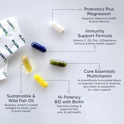 Daily Vitamin Packs for Men and Women Immune Energy and Heart Support with Vitamin D3 Omega3 Probiotics Methyl B12 and Vitamin C Multivitamin with Lutein Planet 3 Vitamin Packs 30 Packets