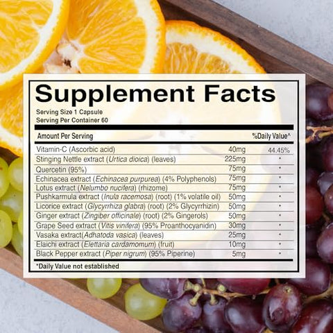 Pure Nutrition Lung Health Supplement 60 Caps Herbal Lung Support Formula With Quercetin Vitamin C Nettle Vasaka Leaf Lotus Licorice & Ginger
