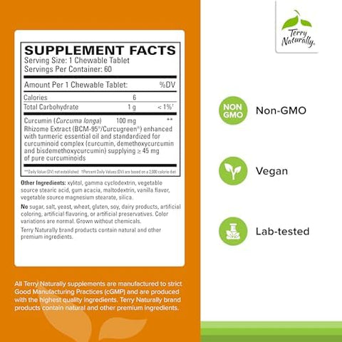 Terry Naturally Curamed 100 Mg Curcumin Complex Enhanced Absorption Curcumin Supplement With Turmeric Brain & Liver Health Support Supplement Vegan Dietary Supplement 60 Chewable Tablets