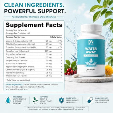 Dr Vitz Water Away For Women Diuretic Water Pills For Weight Control & Debloating Natural Bloat Relief With Green Tea Cranberry & Dandelion Water Retention Support 60 Capsules