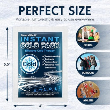 General Medi Instant Ice Cold Pack 4 x 5.5 Disposable Cold Therapy Ice Packs for Pain Relief Swelling Inflammation Sprains Toothache for Athletes and Outdoor Activities