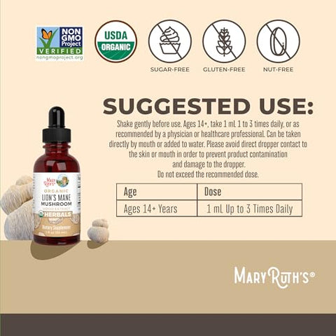 Maryruth'S Maryruth Organics Lions Mane Mushroom Supplement Up To 1 Month Supply Nootropic Usda Organic Lions Mane Extract Nervine Herbal Liquid Drops Brain Health Non-Gmo Vegan Alcohol Free Tincture 1 Fl Oz