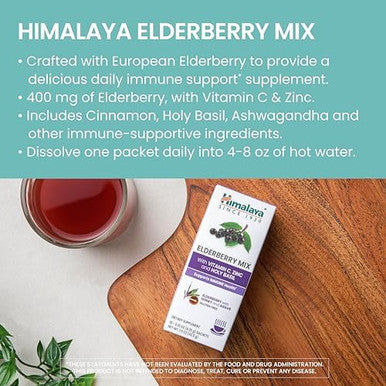 Himalaya Elderberry Mix Drink Mix Supplement Immune Support With Elderberry Zinc Vitamin C And Holy Basil Caffeine 100.15 Oz (4.3 G) Packets Easy To Mix Gluten