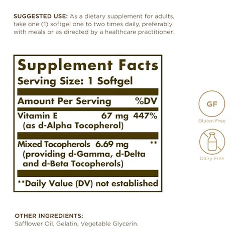 Solgar Vitamin E 67 Mg (100 Iu) - 100 Softgels Pack Of 2 - Antioxidant Support - Gluten & Dairy Free 200 Total Servings