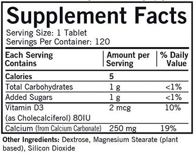 Kirkman Calcium 250 mg with Vitamin D-3|| 120 Chewable Tablets|| Supports Healthy Bones and Teeth|| of Common allergens|| Gluten/Casein || Tested for More Than 950 Environmental contaminants