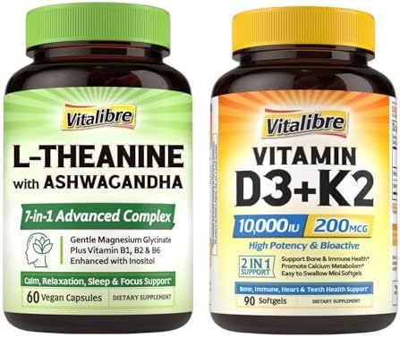 Vitamin D3 K2 10000 IU 90 Caps and LTheanine 200mg Supplement 60 Caps