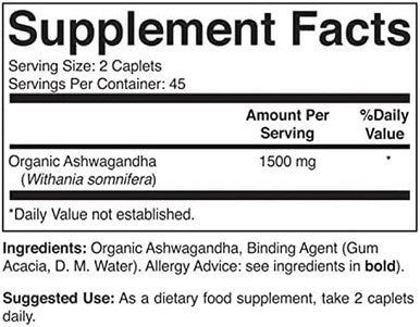 Brieofood Organic Ashwagandha 1500Mg, 45 Servings, Vegetarian, Gluten , 90 Vegetarian Tablets