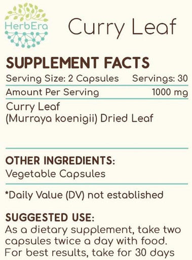 HerbEra Curry Leaf 60 Capsules, 500 mg, Curry Leaf (Murraya koenigii) Dried Leaf (60 Capsules)