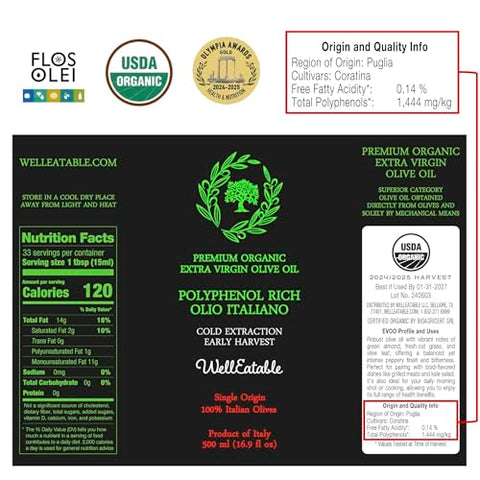 WellEatable Robust +1,200 mg/kg Polyphenol Rich Olio Italiano, 2024/25 Early Harvest Organic Extra Virgin Olive Oil from Italy, Lab Tested, Cold Extracted for Drinking and Finishing, 16.9 fl oz