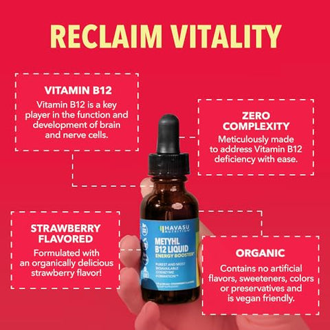 Havasu Nutrition Usda Organic Vitamin B12 Liquid Drops - Methylcobalamin For Enhanced Energy And Nervous System Support - 30 Servings - Highly Bioavailable For Absorption - Non-Gmo Vegan Strawberry Flavor 1 Fl Oz