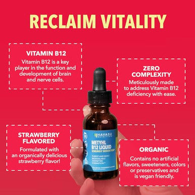 Havasu Nutrition Usda Organic Vitamin B12 Liquid Drops - Methylcobalamin For Enhanced Energy And Nervous System Support - 30 Servings - Highly Bioavailable For Absorption - Non-Gmo Vegan Strawberry Flavor 1 Fl Oz