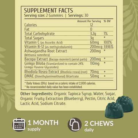 Herbamama Brain Support Gummies â€“ Brain Focus Supplements For Adults With Ashwagandha Bacopa Monnieri Vitamin C & B12 â€“ Vegan Non-Gmo Calming Gummies â€“ 60 Pectin-Based Blueberry-Flavored Chews
