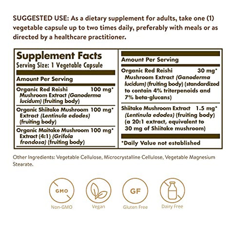 Solgar Multi-Mushroom Complex 50 Vegetable Capsules - Reishi Shiitake Maitake Mushroom Extract - Natural Source Of Beta Glucans - Non-Gmo Vegan Gluten Free Dairy Free 50 Servings