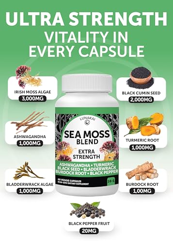 Lunakai Usa Made Irish Sea Moss Capsules With Black Seed Oil Ashwagandha Burdock Root & Bladderwrack 60Ct