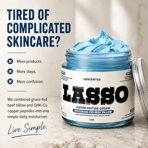 LASSO Copper Peptide Cream with Grass-Fed Beef Tallow (GHK-Cu) ÃƒÂ¢Ã¢â€šÂ¬Ã¢â‚¬Å“ Unscented Face Moisturizer for Women & Men, Hydrating Skin Cream with Manuka Honey, Jojoba Oil & Vitamin E, 2 oz