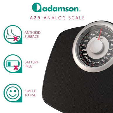 Adamson A25 Scales For Body Weight - Up To 400 Lb - New Version - 5.3 Dial On 12.4 X 10.2 Platform - Anti-Skid Rubber Surface - High Precision Bathroom Scale Analog - Durable With 20-Year Assurance