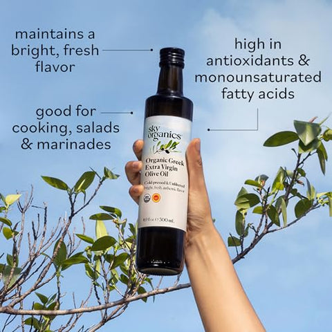 Sky Organics - Organic Extra Virgin Olive Oil, 16.9 fl oz - Cold Pressed & Unfiltered - Bright, Fresh, Authentic Flavor - Sourced from Farmers in Greece - 100% Pure - Kosher - Natural, Vegan, & Soy Free