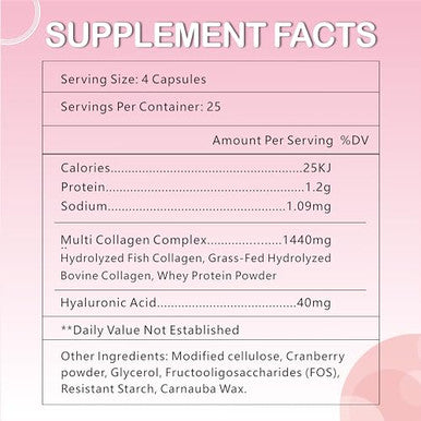 OMOGS Collagen Peptides Capsule Naturally Sourced Hydrolyzed Collagen with prebiotic and Cranberry Extract Hair Skin Nail Joint Digestive Health and Immune Support Non GMO 100 Capsule