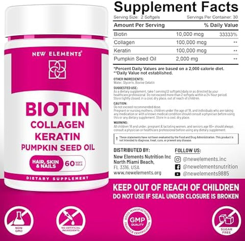 Elements Biotin Supplement 10000Mcg With Collagen Peptides Keratin And Pumpkin Seed Oil For Hair Skin And Nails Hair Growth Supplement For Women & Men Biotin And Collagen Supplements For Hair Loss