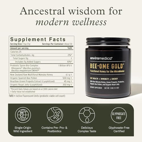 Bee-Ome Gold by Enviromedica - Unpasteurized Raw Manuka Honey with Probiotics, Royal Jelly, Bee Pollen & Propolis, Functional Superfood Honey, 7.4oz