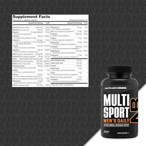 Nutrabio Multisport For Men - Mens Multivitamin - 33 Vitamins Minerals Micronutrients - Rich In Antioxidants - Supports Peak Athletic Performance Energy Metabolism (120 Vegetable Capsules)
