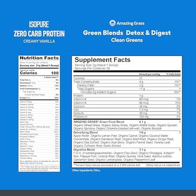 Isopure Build Your Smoothie Power Bundle Zero Carb Creamy Vanilla Protein Powder (15 Servings) And Amazing Grass Greens Blend Detox & Digest (30 Servings)