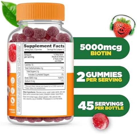 Lifeable Kids Biotin Gummies 5000mcg Great Tasting Natural Flavor Biotin Supplement Vegan Non GMO Hair Gummies for Hair Skin and Nails 90 Gummies