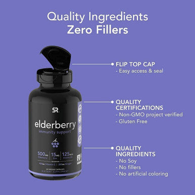 Sports Research Elderberry Immune Support with Zinc Vitamin C D3 5000IU Highest Extract 641 Equivalent 32000mg of Organic Elderberries NonGMO Verified Gluten 60 Veggie Capsules