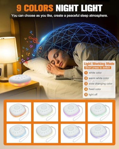 Focevn White Noise Sound Machine For Sleep - Portable Sound Machine 20 Soothing Sounds 9-Color Night Light 30 Volume Levels 4 Timer Options Type-C Charging Noise Machine For Baby Adult Home Office Travel