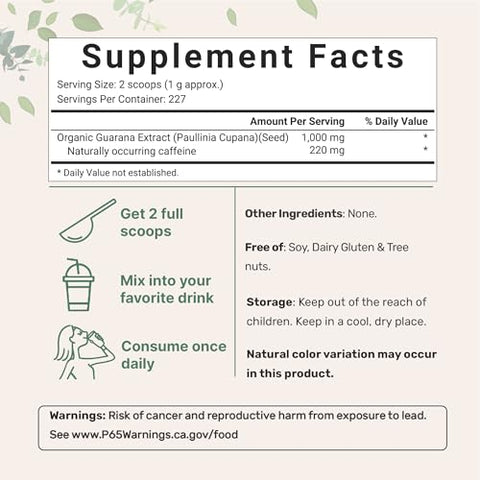 Micro Ingredients Organic Guarana Powder 1000Mg Per Serv 8 Ounces 220Mg Natural Caffeine Energizer Brazilian Herbal Extract Raw Bulk Superfood Coffee Substitute Vegan Friendly & Non-Gmo