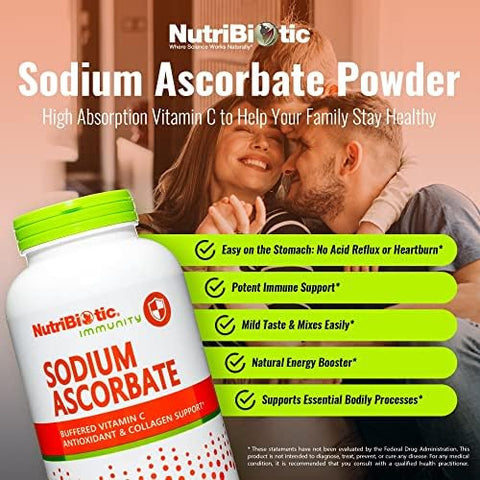 Nutribiotic - Sodium Ascorbate Buffered Vitamin C Powder 16 Oz Vegan Non-Acidic & Easier On Digestion Than Ascorbic Acid Essential Immune Support & Antioxidant Supplement Gluten & Gmo