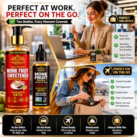 SubSugar Pure Monk Fruit Sweetener Home & Travel Bundle ÃƒÂ¢Ã¢â€šÂ¬Ã¢â‚¬Å“ 250ml Liquid Monk Fruit Drops + 30ml Travel Size ÃƒÂ¢Ã¢â€šÂ¬Ã¢â‚¬Å“ No Erythritol, Zero Sugar, Keto Friendly