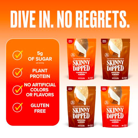 SkinnyDipped Maple Kiss and Pumpkin Spice Almonds Variety Pack Bundle, Healthy Snack, Plant Protein, Gluten Free, 3.5 oz Resealable Bags, Pack of 5, Limited Edition