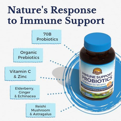 Vitalitown Probiotics 70 Billion Cfu Immune Support Probiotics Supplement 15 Clinical-Strength Strains With Vitamin C Zinc Elderberry & Ecea Digestive Health 60 Vegan Capsules Non-Gmo