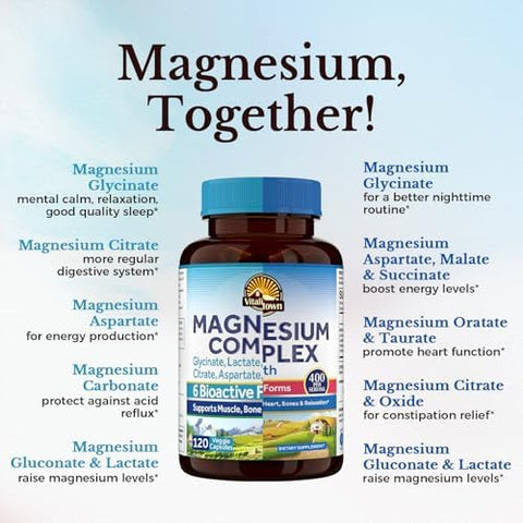 Vitalitown Magnesium Bundle (Pack Of 2) 6-In-1 & 10-In-1 Magnesium Complex For Bone Heart & Muscle Magnesium Glycinate Magnesium Citrate 120 & 90 Capsules