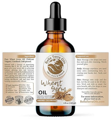 Bella Terra Oils - Organic Wheat Germ Oil 4Oz - A Symphony Of Vitamin E & C Pure Essence Of Face Oil Dive Into Natural Glow & Suppleness