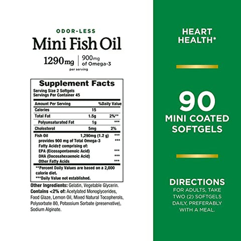 Nature'S Bounty Mini Fish Oil Softgels 1290 Mg Omega-3 Supports Heart Health Odor-Less 90 Mini Coated Softgels - Pack Of 2