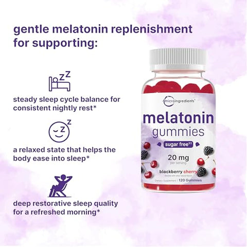 Micro Ingredients Melatonin 20Mg Gummies For Adults 120 Count Sleep Aid 10Mg Melatonin Per Gummy Sugar Free Blackberry Cherry Flavor No Drug Non-Habit-Forming Non-Gmo Gluten Free