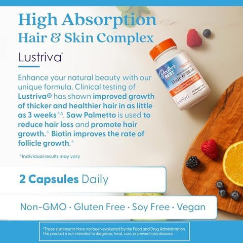 High Absorption Hair and Skin Complex Clinically Shown To Grow Thicker Healthier Hair In 3 Weeks Supports Hair Growth and Skin Health NonGmo Gluten Soy Vegan 60 Veggie Capsules