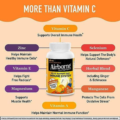 Airborne 1000Mg Chewable Tablets With Zinc, Immune Support Supplement With Powerful Antioxidants Vitamins A C & E - 96 Tablets, Citrus Flavor