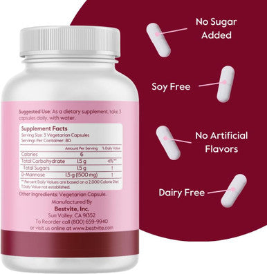 Bestvite D-Mannose 500mg (240 Vegetarian Capsules) - No Stearates - No Fillers - Vegan - Non GMO - Gluten - Corn