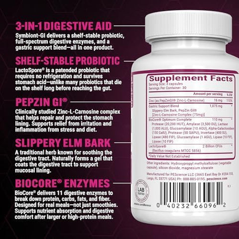 Pescience Symbiont-Gi Zinc Carnosine Pepzin Gi & Shelf Stable Probiotic Capsules Digestive Enzyme Supplement For Women And Men With Slippery Elm Bark 30 Day Supply