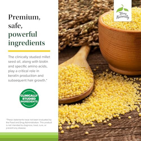 Terry Naturally Hair Renew Formula Healthy Hair Growth Supplement with Biotin B Vitamins and Zinc Millet Seed Oil for Keratin Production Support and Stronger More Radiant Strands 60 Softgels